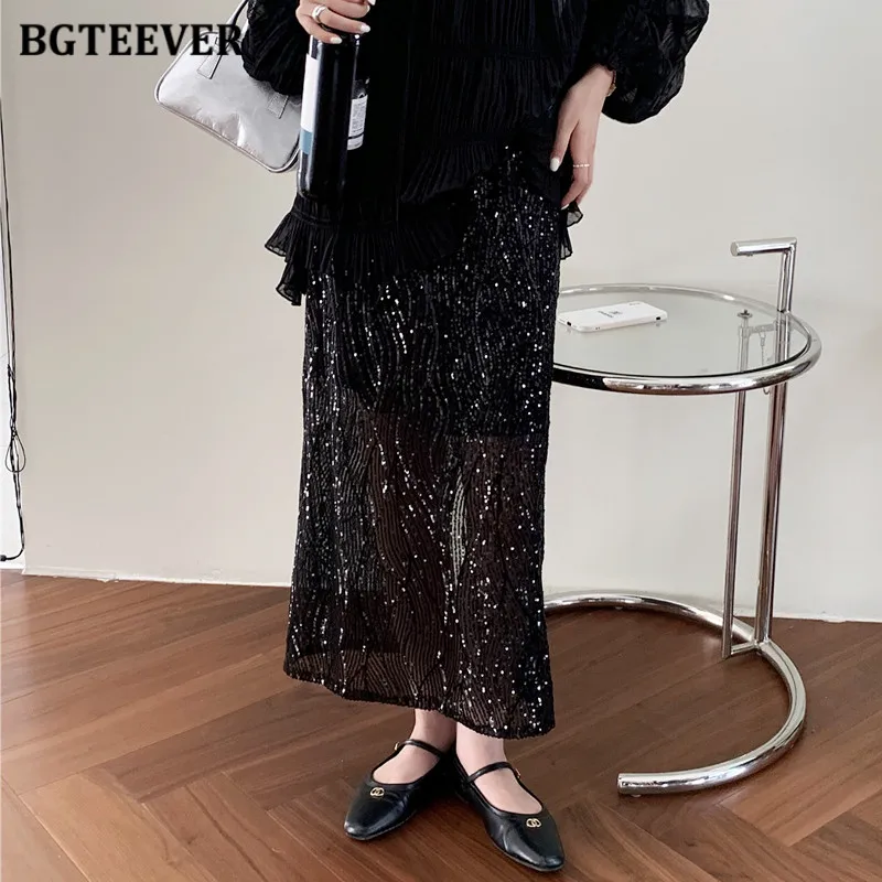 

BGTEEVER Stylish High Waist Package Hip Women Sequin Skirts Fashion Slim Straight Mid-Length Skirts for Women