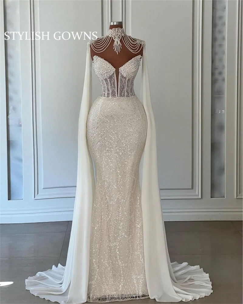 럭셔리 인어 웨딩 드레스, 신상 샤인 비즈, 맞춤형 신부 가운, 핫 두바이 아랍