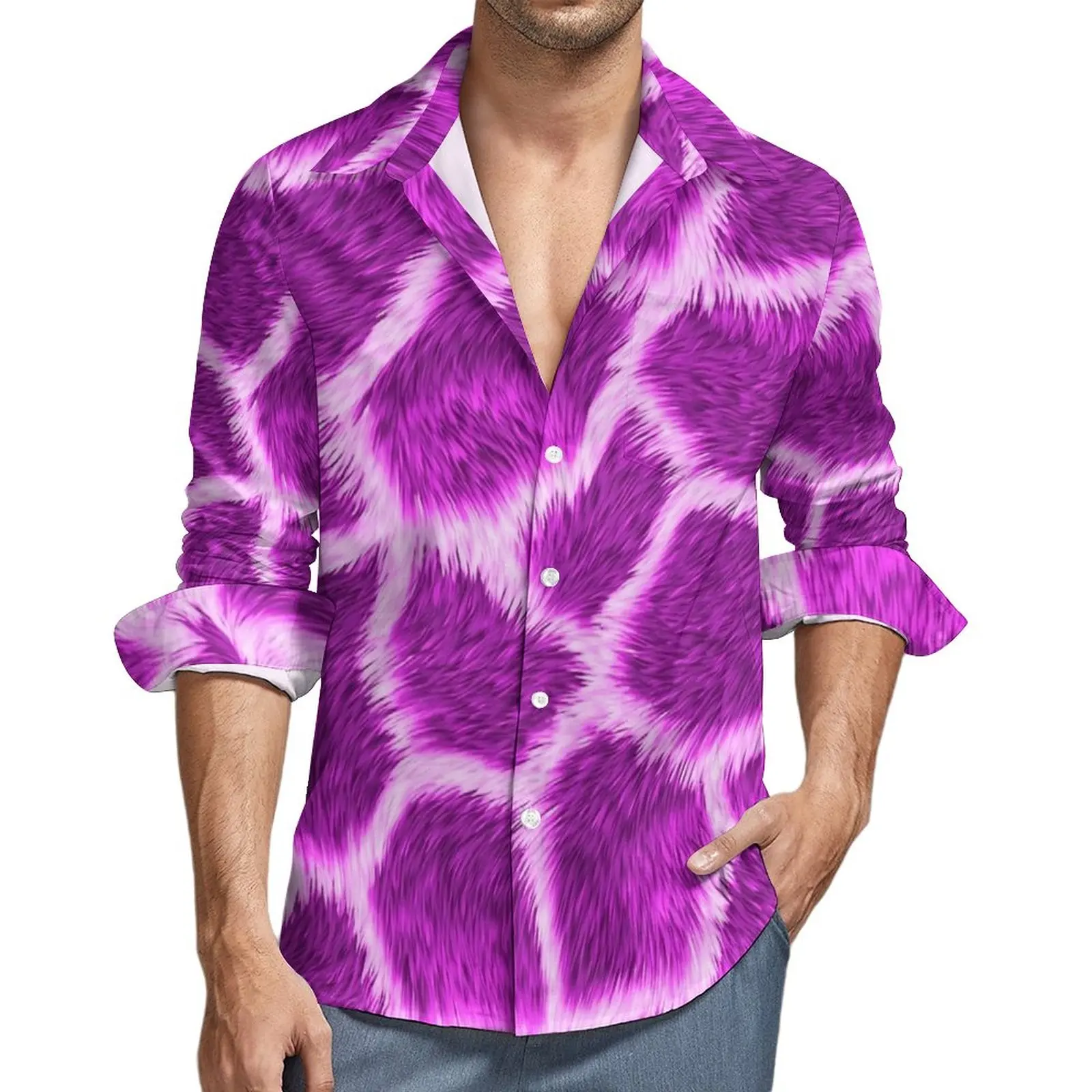 

Fuchsia Giraffe Print Shirt Autumn Animal Casual Shirts Men Fashion Blouses Long Sleeve Graphic Y2K Clothes Plus Size 3XL 4XL