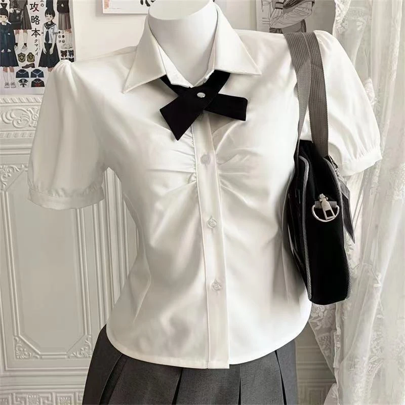 

2024 Summer Women's Fashion Lace Up Ruched Slim Shirt Preppy Style Harajuku Kawaii Bow Sweet Blouse Y2K White Short Sleeve Tops