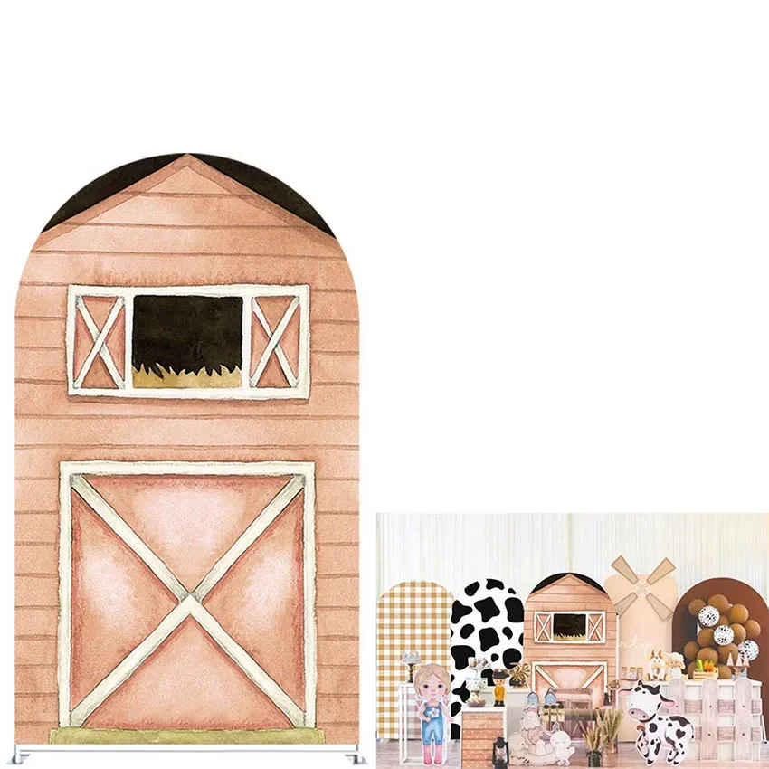 

Mehofond Custom Barn Farm Door Cows Kids Birthday Party Covers Arch Background Baby Shower Party Decor Backdrop Photo Doubleside