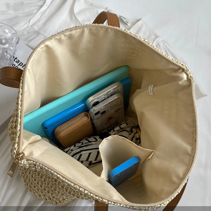 Square Bucket Straw Beach Bag Handmade Woven Shoulder Bag Raffia Rattan Shopping Travel Totes Bohemian Summer Casual Handbag