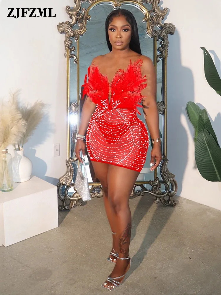 

Shiny Sexy See Through Sheer Mesh Feather Hot Diamond Prom Vestido for Women Low Chest Strapless Bodycon Cocktail Mini Dresses