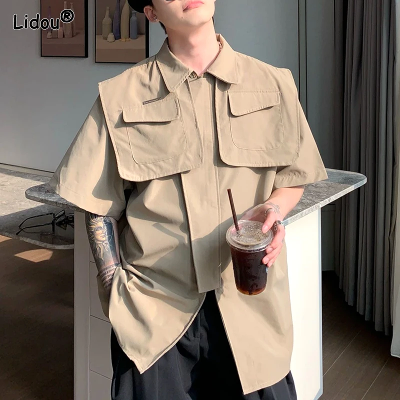 New Spring Autumn Men's Clothing Short Sleeve Pockets Man Solid Loose Temperament Handsome Turn-down Collar Zipper Korean Shirts