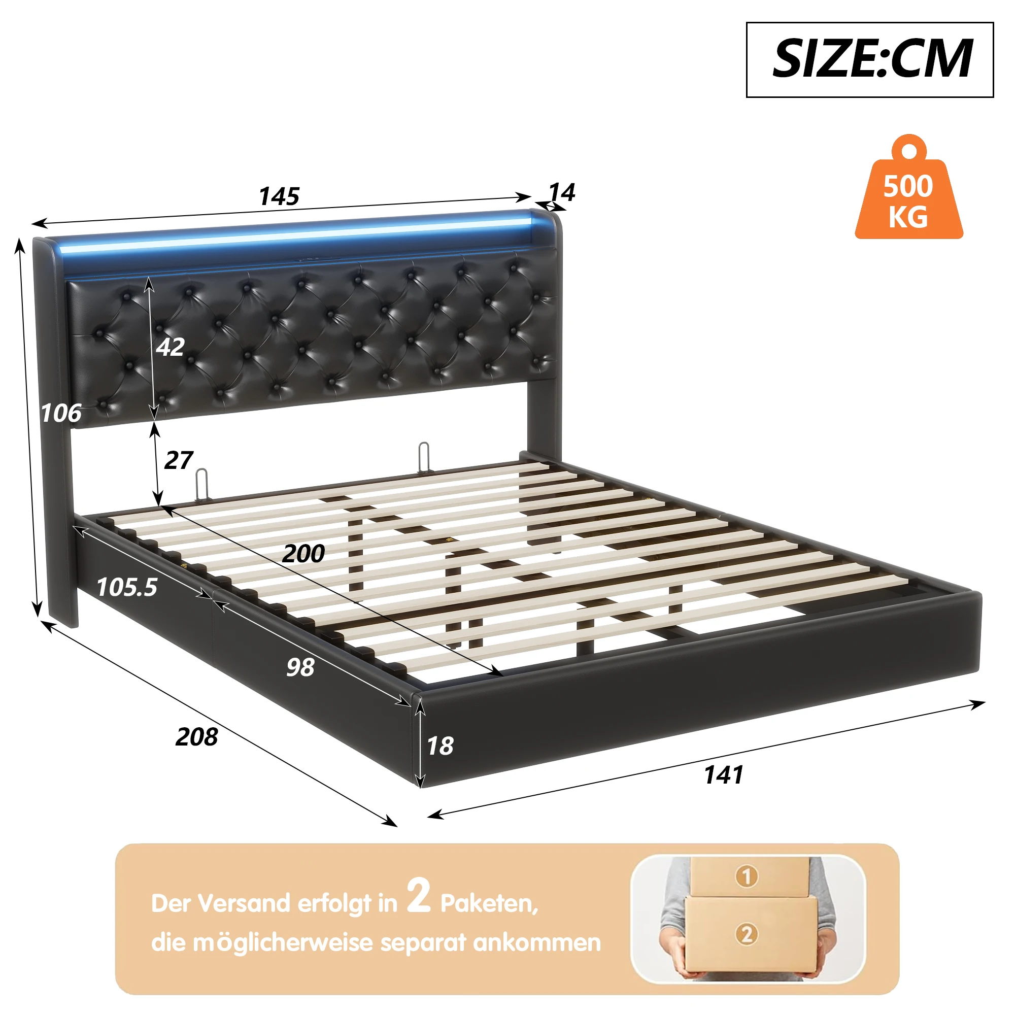Creahappy Federkernmatratzenbett, Doppelbettrahmen, Kopfteil mit weicher Stauraum und LED-Beleuchtung, modisches weiches Bett mit Stauraum – Detail 3