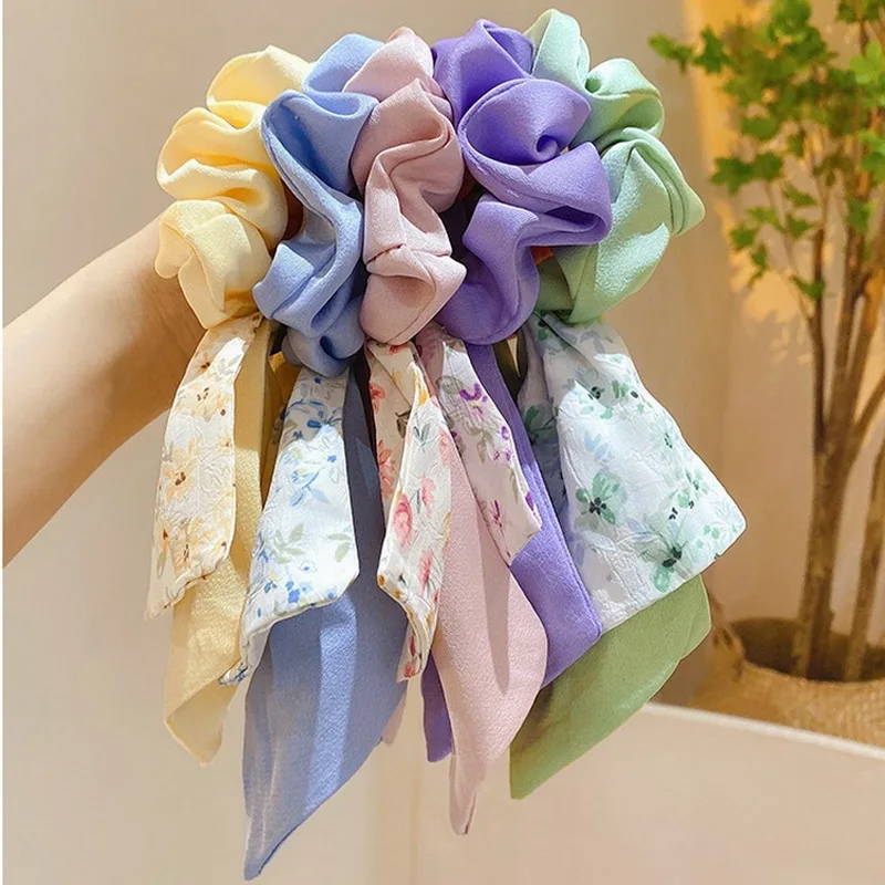 ★GLOWNY★BOW SCRUNCHIE (BABY BLUE)★正規品/韓国直送料込 Korea Floral Bow Scrunchies For Women Satin Long Ribbon