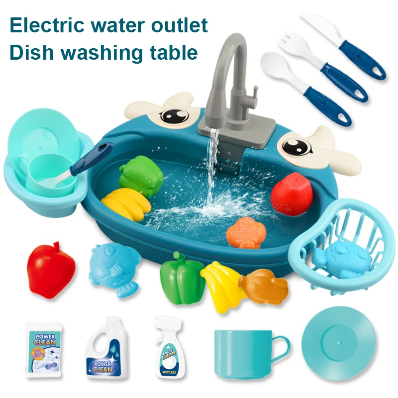 Plastic Kids Kitchen Sink Playset with Electric Faucet and Water Cycle
