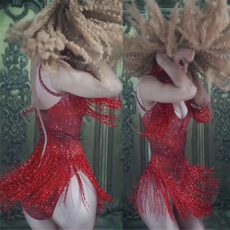 5 Couleur Costume Nightclub Bodysuit Rave Outfit Sparkly Rhinestones Tassel Stretch Sleeveless Women Show Leotard dance dress rhinestones dress women costume set