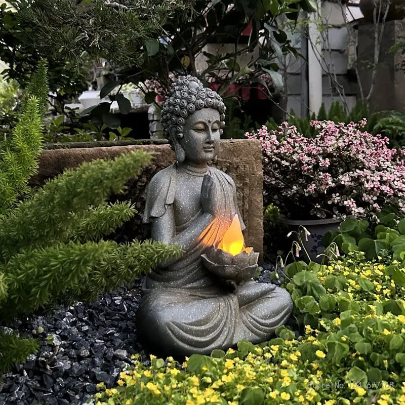 Chinese Style Garden Courtyard Layout Landscaping Buddha Sculptures Home Furnishings Solar Lights Decor Zen Outdoor Ornament 1Pc
