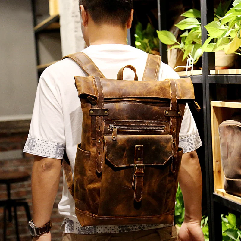 2023 New Style Men's Leather Backpack Vintage Fashion Men Male Travel Bag Laptop pack For Cowhide Anti theft