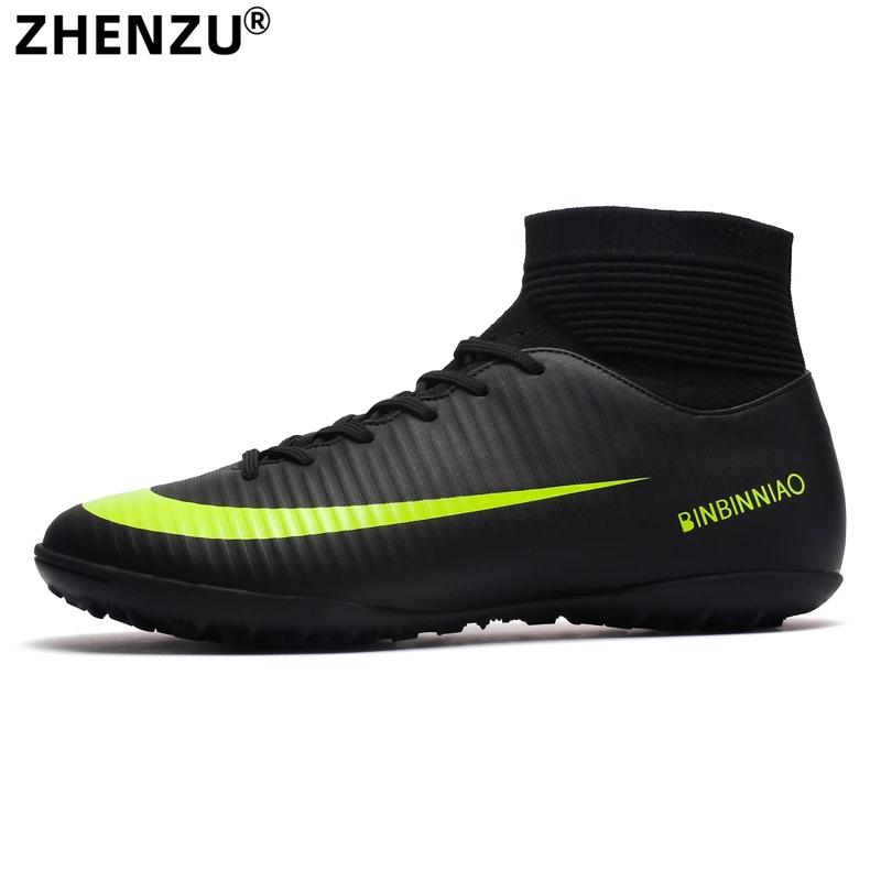 ZHENZU Men Black Turf Soccer Shoes Kids Cleats Football Shoes Training Football Boots High Ankle Sport Sneakers Size 35 45