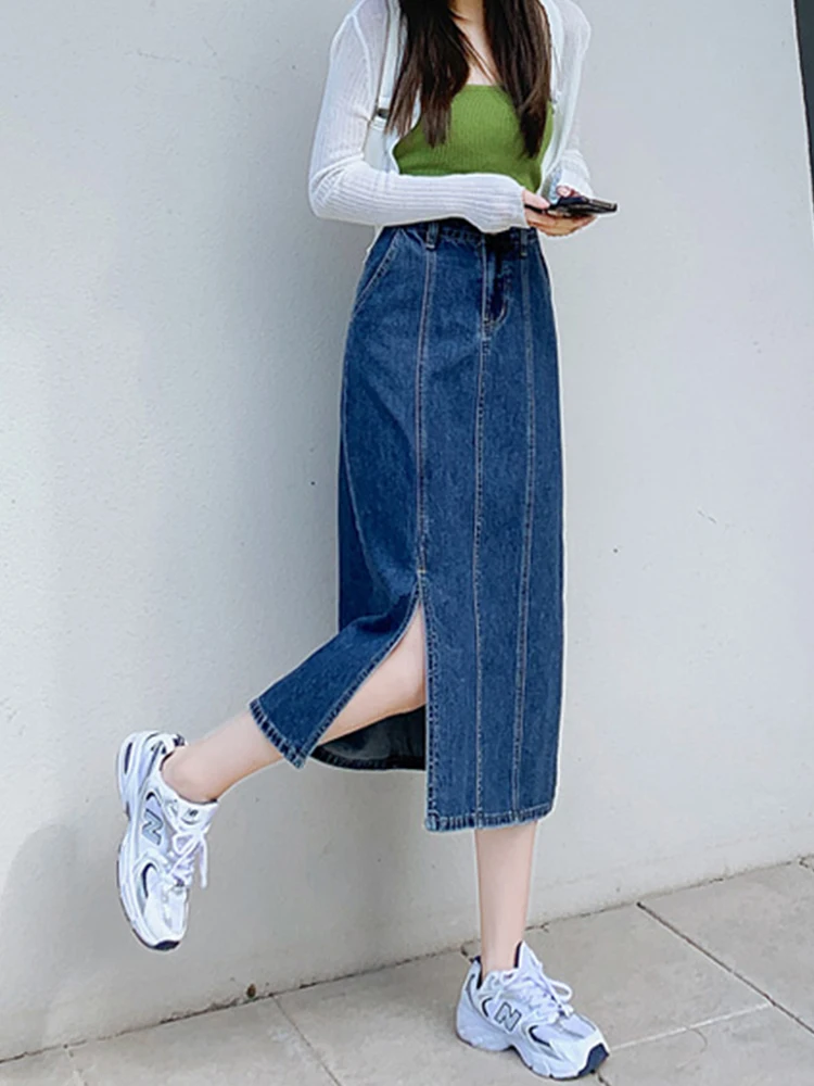 nike skirt Yitimoky 2022 Spring New Women's Long Denim Skirts Girls Blue High Waist Button Pockets Split Jeans Straight Denim Ladies Skirts slazenger skort