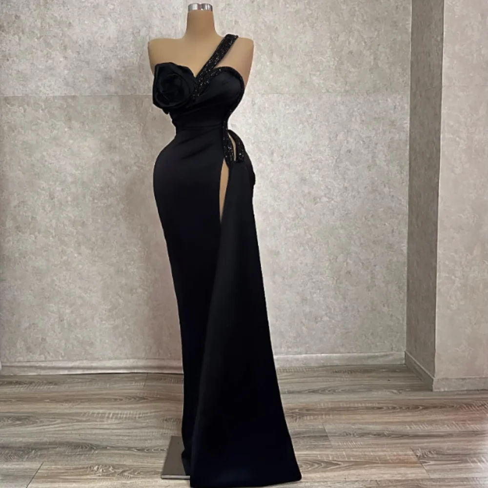 

Sexy Black Mermaid Evening Dress For Women Satin Beading Strapless Side Split Formal Evening Party Prom Gowns Vestidos De Fiesta