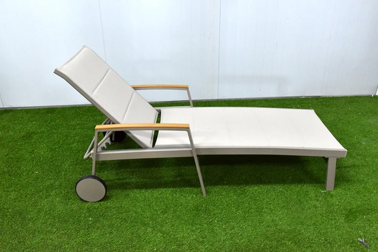 Pool Sunbed Outdoor Sunbed Aluminum Sling outdoor Chair Sun Lounger Swimming Sun Loungers With teak wood  Armrest 3