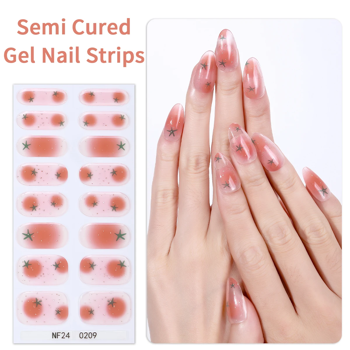 French Cherry Semi-Cured Gel Nail Wraps 16Tips Summer Bow star Full Cover UV Lamp Gel Nail Sticker Long-Lasting Strips