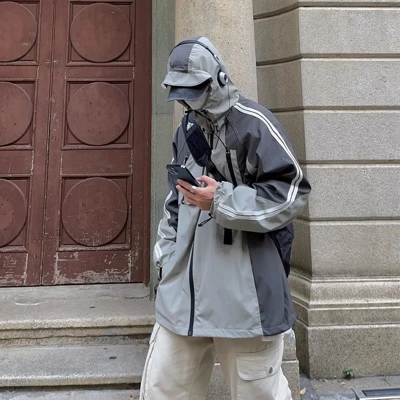 Deeptown Vintage Black Hooded Jackets Women Y2k Oversize Windbreaker Japanese Style Techwear Harajuku Street Zipper Track Jacket