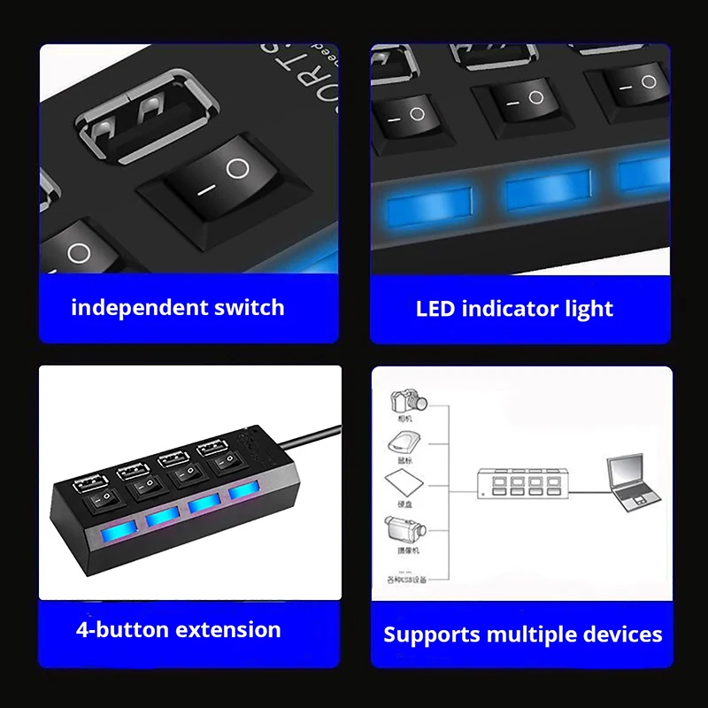 USB 2.0 4 Port Hub Adapter Expander for PC Laptops