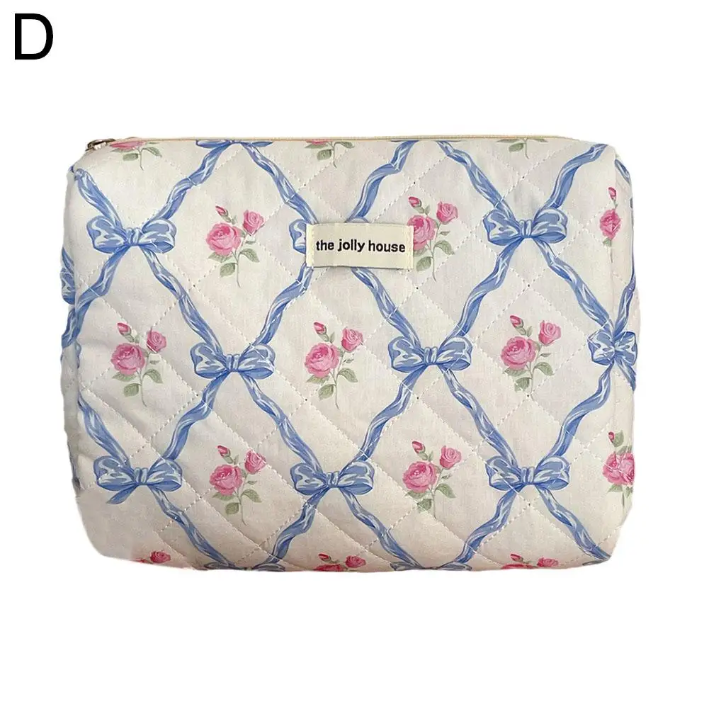 Women Cute Bow Flower Zipper Quilting Cotton Makeup Bag