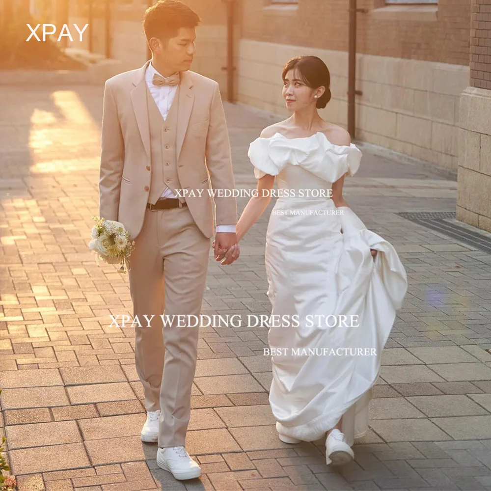 

XPAY Elegant Ruched A Line Korea Wedding Dress Photos Shoot Off Shoulder Bride Gown Corset Backless Custom Wedding Bridal Dress