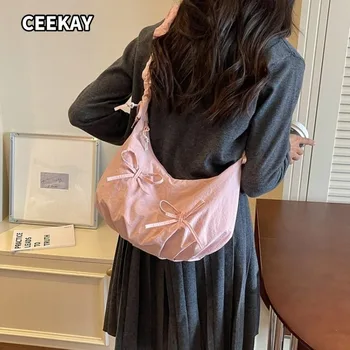 Borsa Hobo da Donna CEEKAY Rosa Antico in Tessuto Morbido Grande Borsa a Spalla con Dettaglio Fiocco per il Pendolarismo Quotidiano Casual Stile Y2K Dolce Coquette