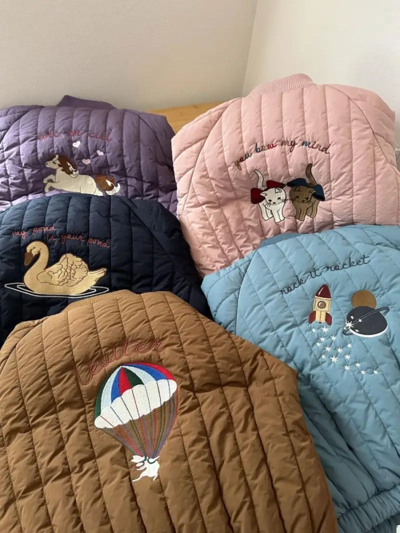Embroidery Cartoon Winter Kids Jacket Plush Thicken Cotton Warm Windproof Girls Outerwear Coats Kids Jackets for Boys