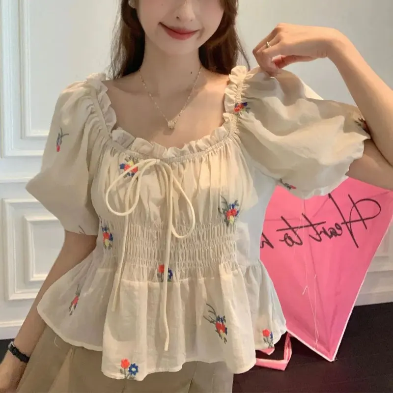 Elegant Square Collar Shirt Sweet Broken Flowers French Style Fashion Shirring Women's Clothing Summer Basic Drawstring Blouse