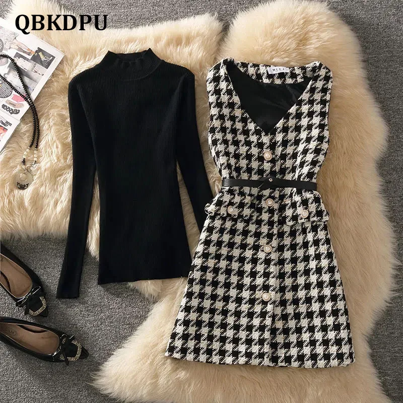 Korean Mid-Length Houndstooth Tweed Vest Jacket 2 Piece Set Women Vintage Long Waistcoat With Belt And Knitted Sweater Chic Suit