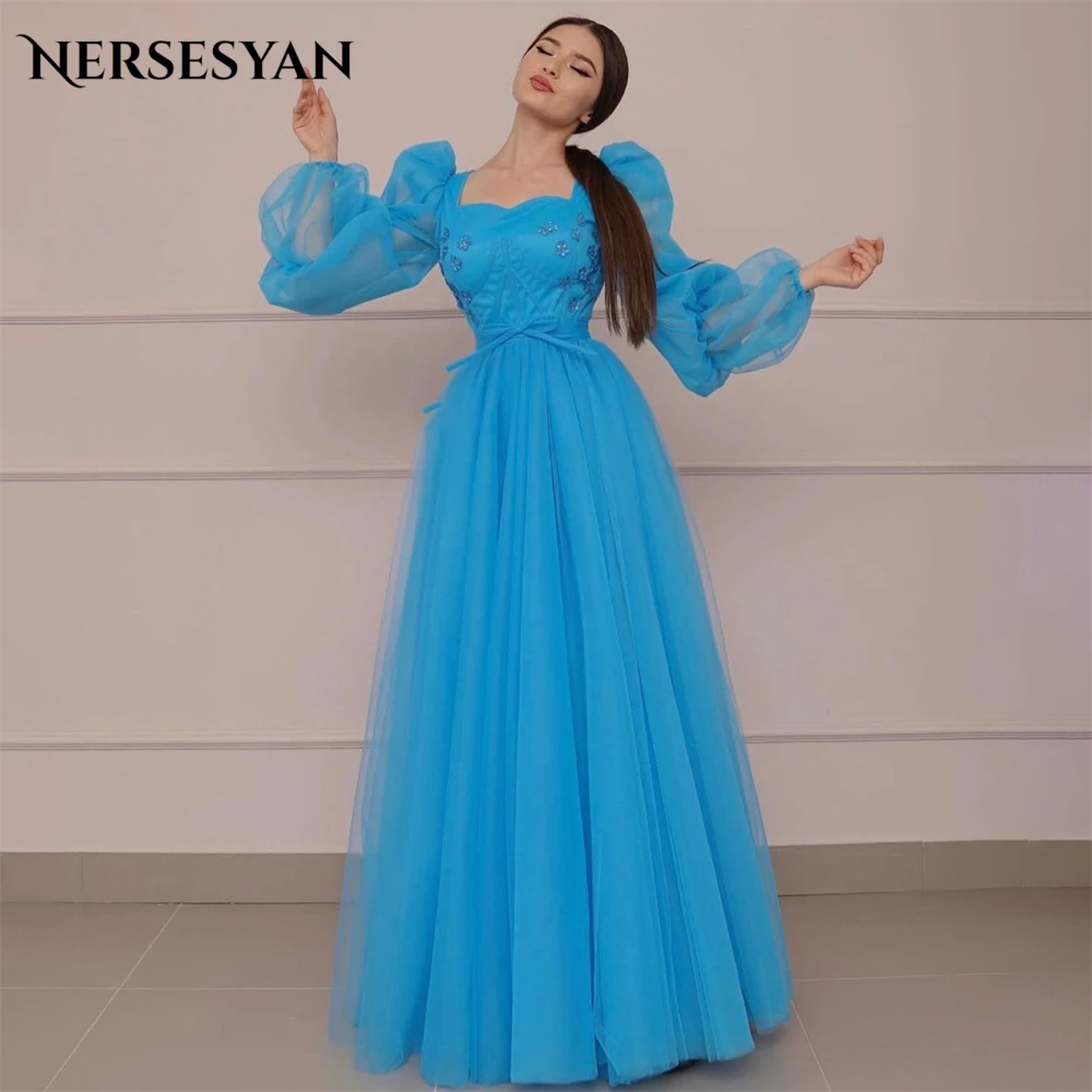 

Nersesyan Blue Formal Prom Dresses Elegant For Wedding Puff Sleeves A-Line Beadings Evening Dress Homecoming Party Gowns 2024