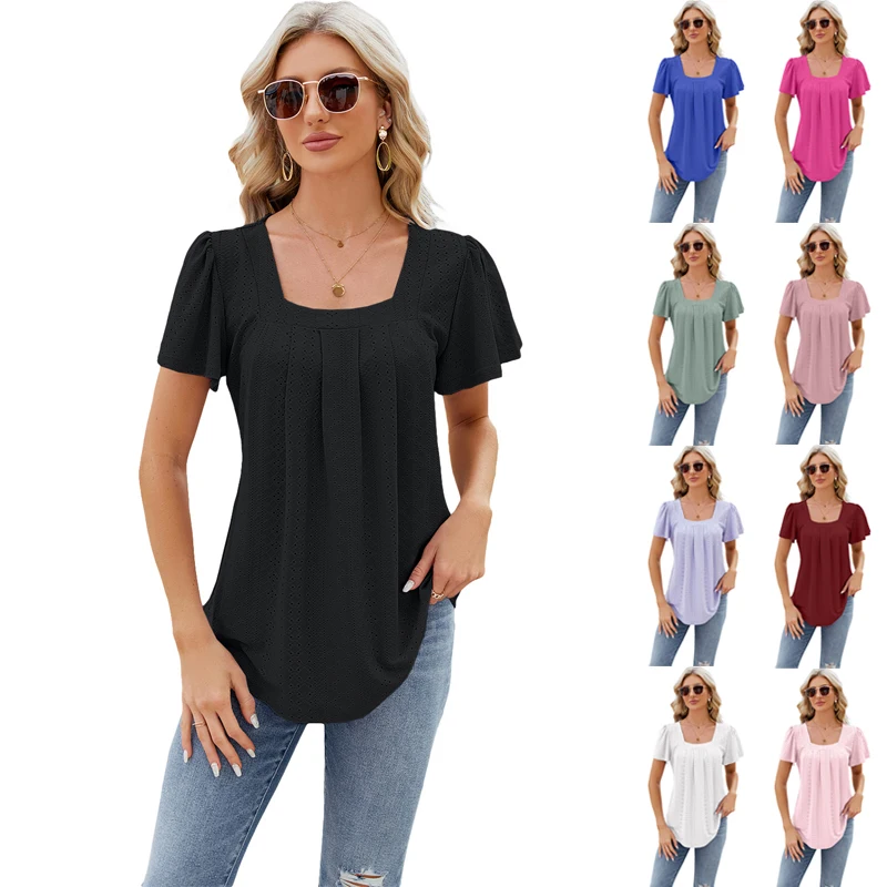 

Womens Casual Blouse Loose T-Shirt Summer Short Sleeve Ladies Solid Color Tops Tee Shirt Female Pullover Tops Summer Clothes