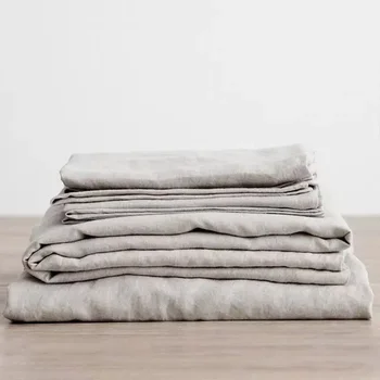 Ensemble de draps en lin 100% lavé, 3 pièces, draps de lit en lin naturel, 2 taies d'oreiller, literie de ferme douce et respirante, drap plat 1