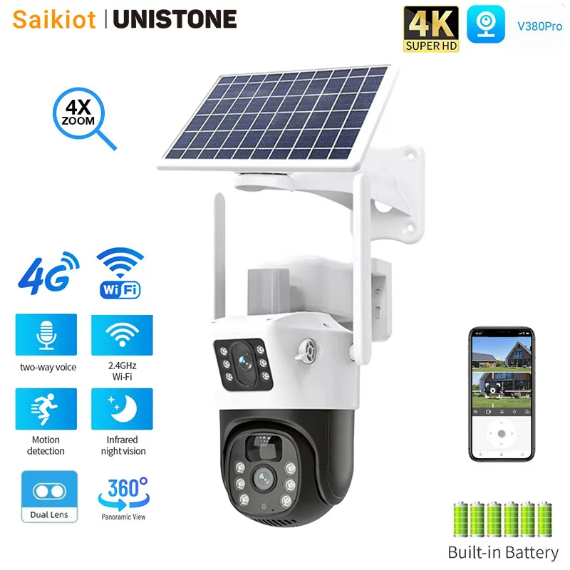 Saikiot V380 Pro 4K 8Mp 4G Dual Lens Solar Ptz Camera Wifi Solar Powered Cctv Security Outdoor Waterproof V380 Pro 4G Camera