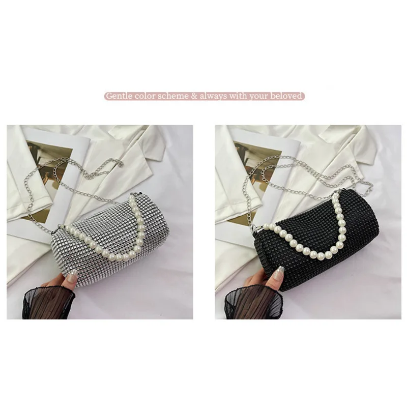 Borsa a tracolla Boston a mano con catena occidentale alla moda, nuova primavera/estate, con diamante lucido e perla sotto le ascelle_voghion.com