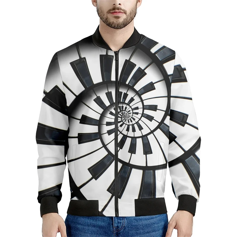 thumbnail image 1 of Nueva moda primavera otoño ropa de diseñador para hombre cuello alto patrón de piano estampado en blanco y negro chaquetas de hombre chaqueta de vuelo, 1 of 5