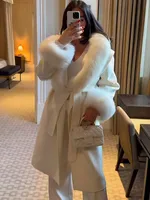 Retro Faux Fur Patchwork Woolen Maxi Coat Women Solid Full Sleeves V-neck Lace Up Loose Long Coats Lady Winter Commute Outwear 1