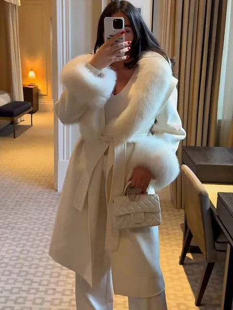 Retro Faux Fur Patchwork Woolen Maxi Coat Women Solid Full Sleeves V-neck Lace Up Loose Long Coats Lady Winter Commute Outwear 1