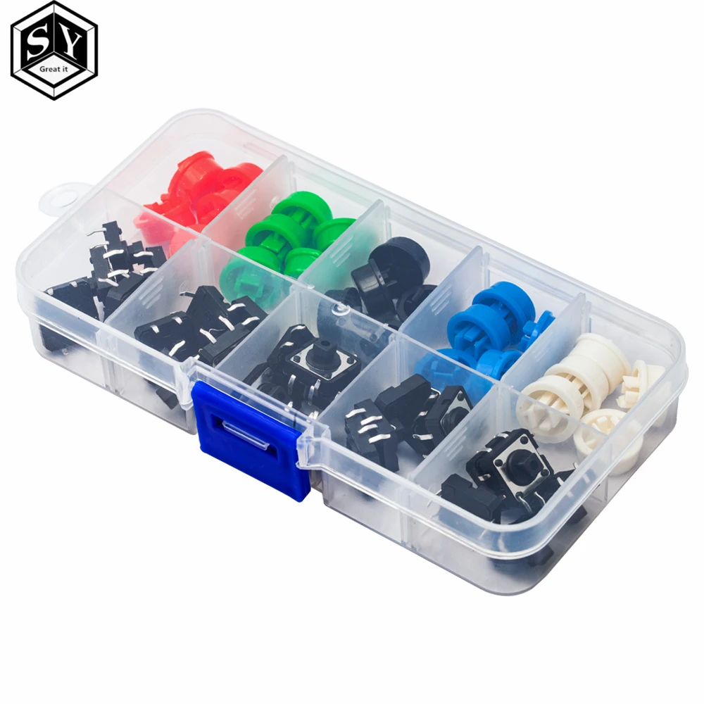 Tactile Push Button Switch 25PCS Tactile Push Button Switch Momentary 12*12*7.3MM Micro switch button + 25PCS Tact Cap(5 colors) for Arduino Switch