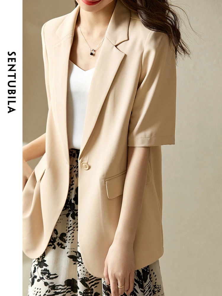 SENTUBILA Comfort Loose Short Sleeve Khaki Blazer 2024 Summer Simple Casual Notched Single Button Suit Jacket Ladies 131X49175X