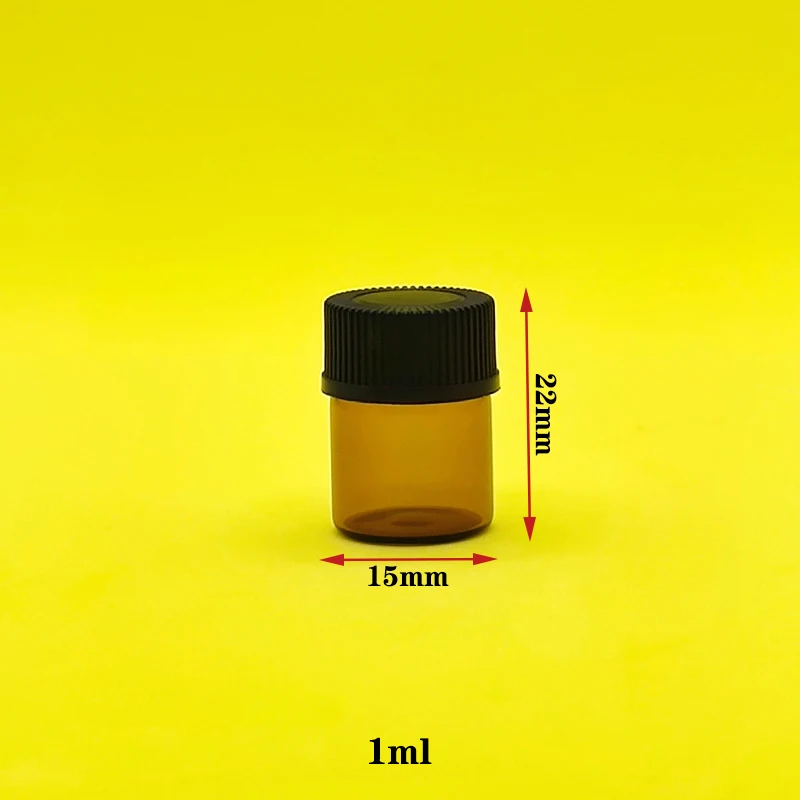 48pcs/pack 1ml Small Amber Glass Vials Bottles Containers With Orifice Reducer Black Cap For Essential Oil Sample Perfume Bottle