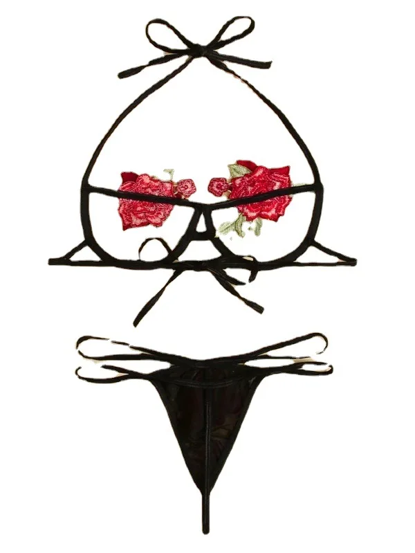 Sexy Erotic Lingerie Women's Hollow Passion Wear Lace-up Three-point Underwear Set Red Rose Breasts Exposure Sex Bra_voghion.com