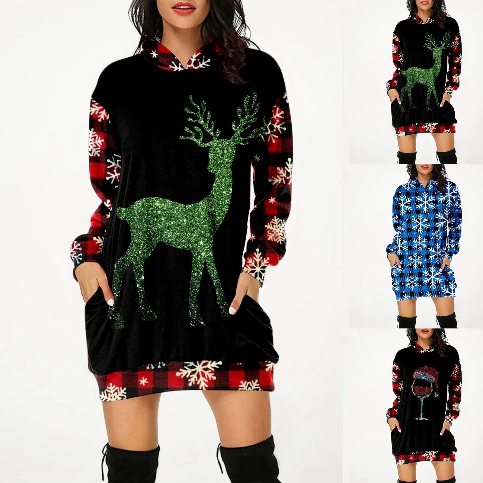 

Women's Fashion Christmas Long Sleeve Bag Hip Pocket Print THin Fashion Dress Sweaters Women Classic Fit