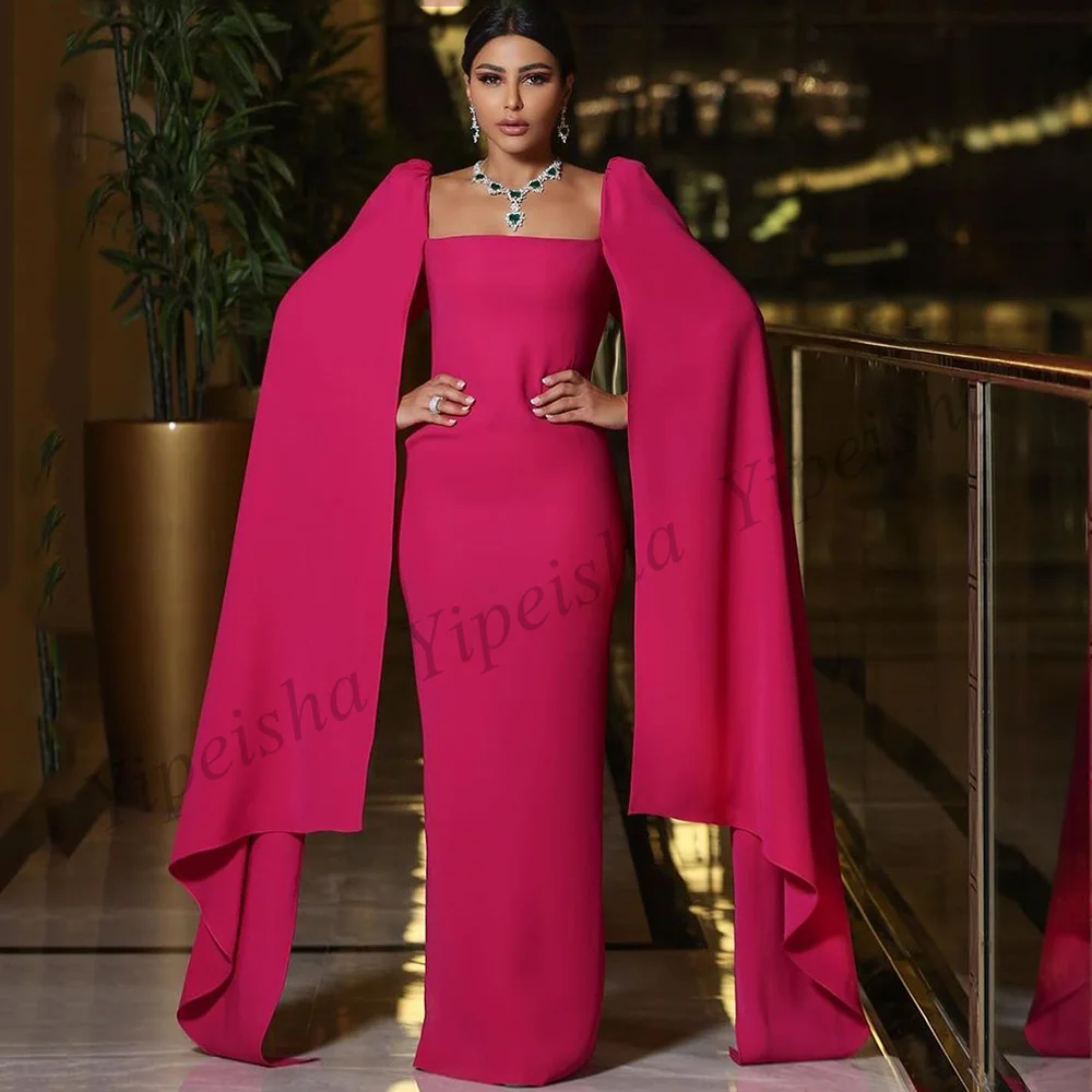 

Fuchsia Pink Evening Dresses with Cape Square Neck Simple Modern Saudi Arabic Prom Gown Vestido De Festa Longo Dubai Party Dress