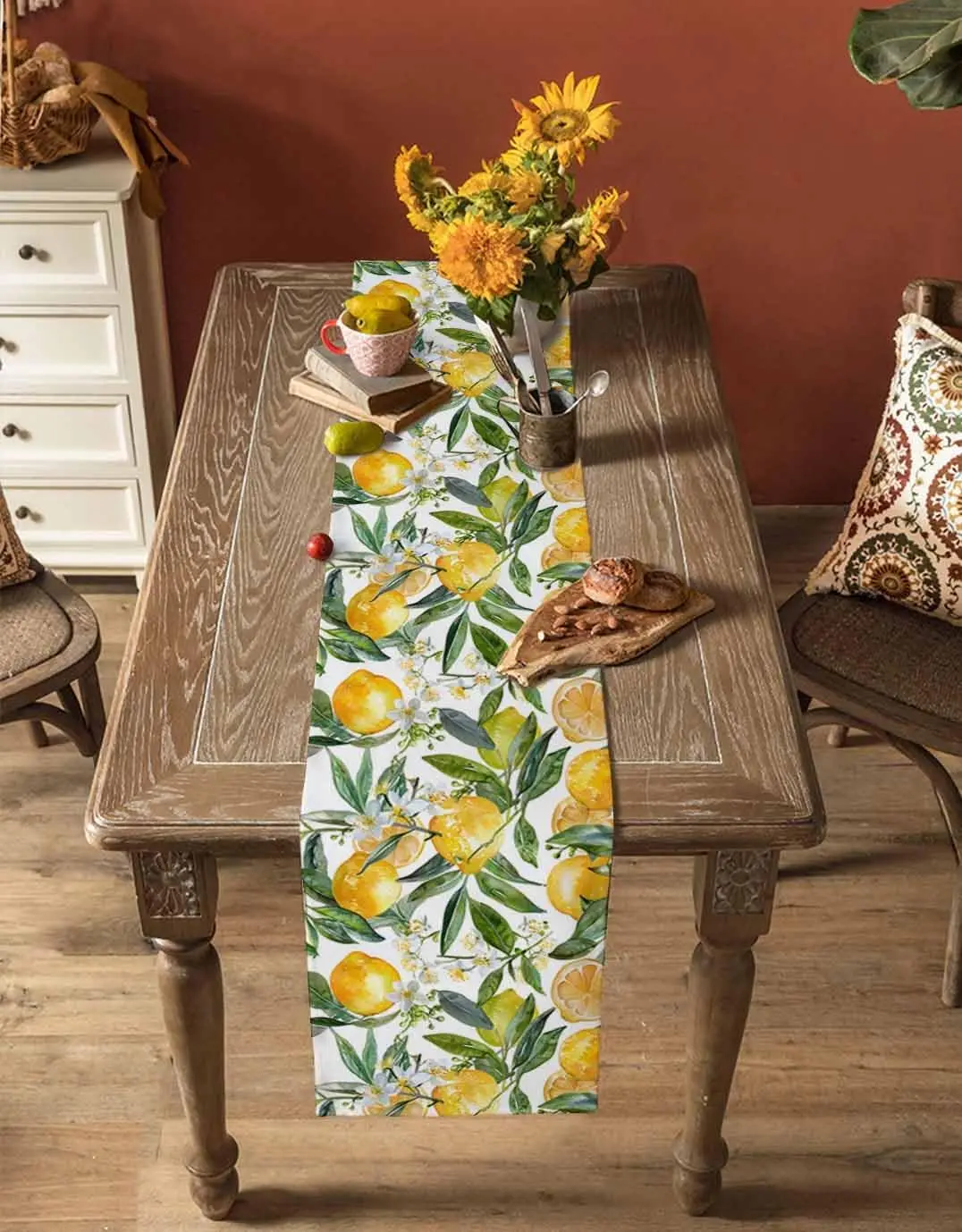Spring Lemon Leaves Linen Table Runner Dresser Scarf Decor Summer Yellow Green Botanical Flower Table Runners Dining Table Decor 4