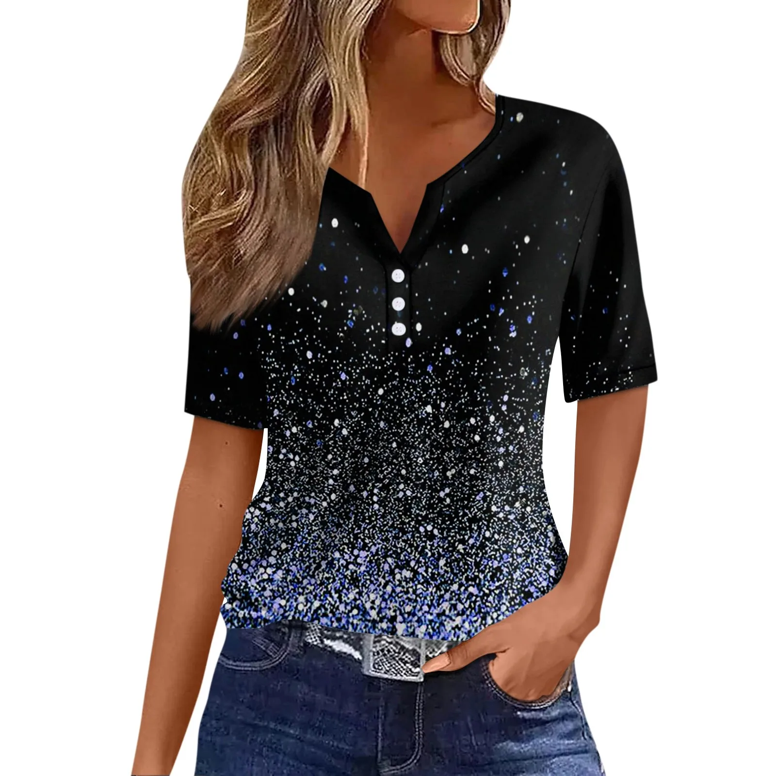 

2024 new summer Women's T Shirt sequin Gradient Print Button Short Sleeve Daily Weekend Fashion Basic V- Neck Regular Top