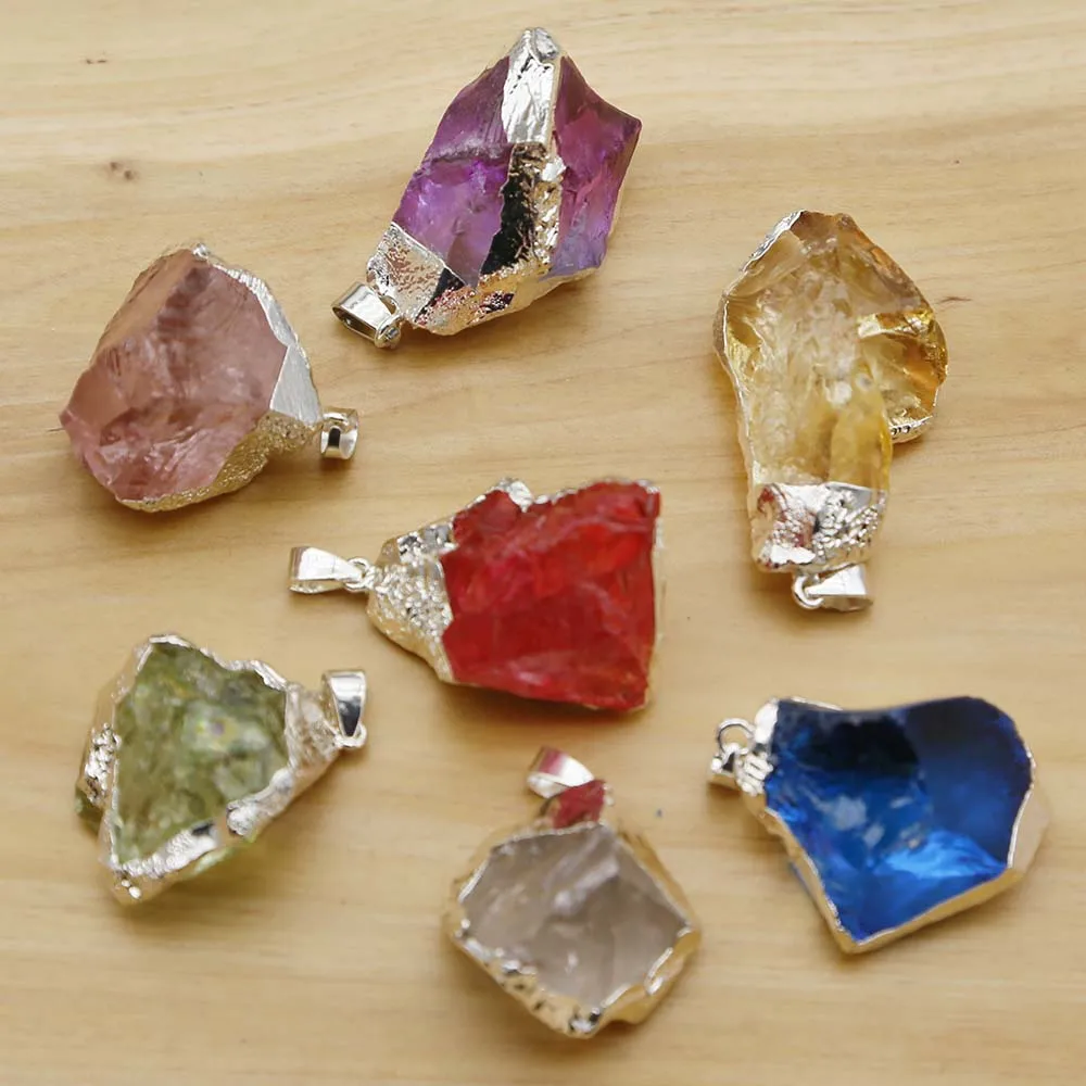 Natural Crystal Stone Multicolor Irregular Plating Silver Edge Pendant Necklace Reiki Charms DIY Jewelry Making Accessories 6Pcs