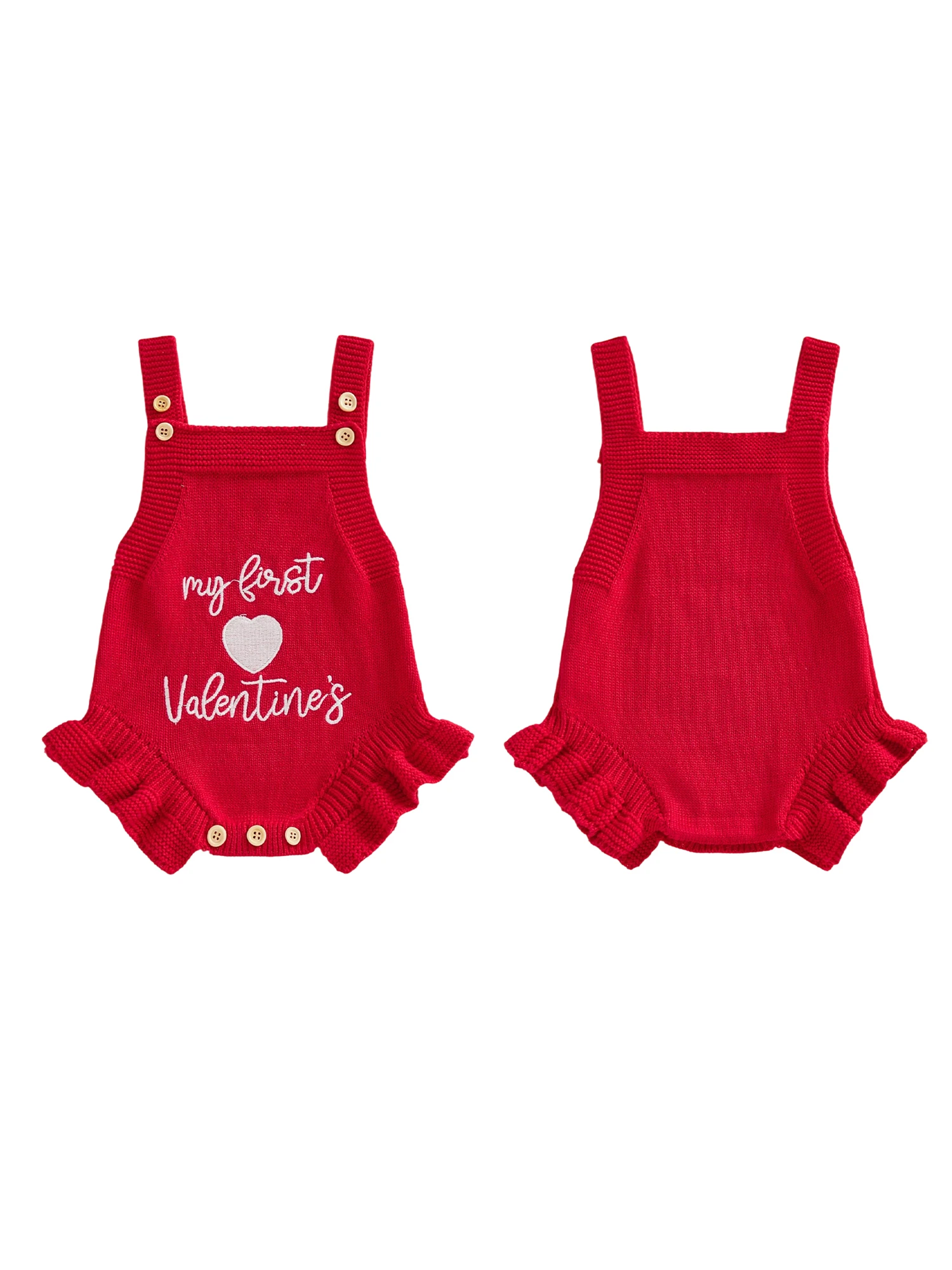 Baby-Mädchen-Valentinstag-Strampler, ärmellos, quadratischer Ausschnitt, Herz-Stickerei, Body, Strick-Overall für Neugeborene – Detail 4