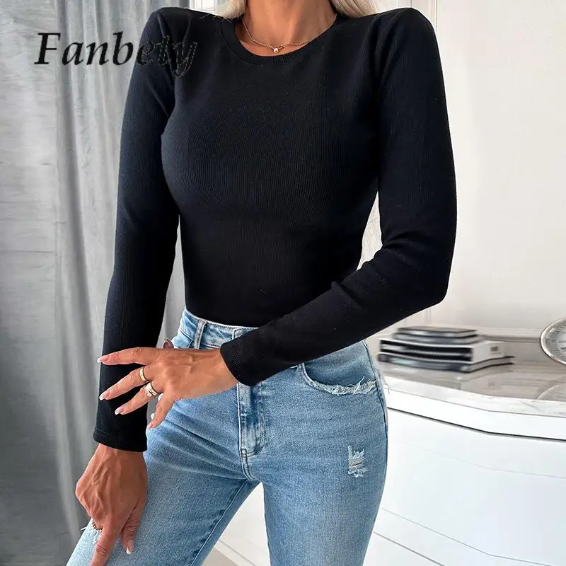 

Зимние однотонные свитера с круглым вырезом в офисном стиле, джемпер в рубчик с длинным рукавом, вязаные осенние облегающие Женские базовые вязаные офисные пуловеры 2023