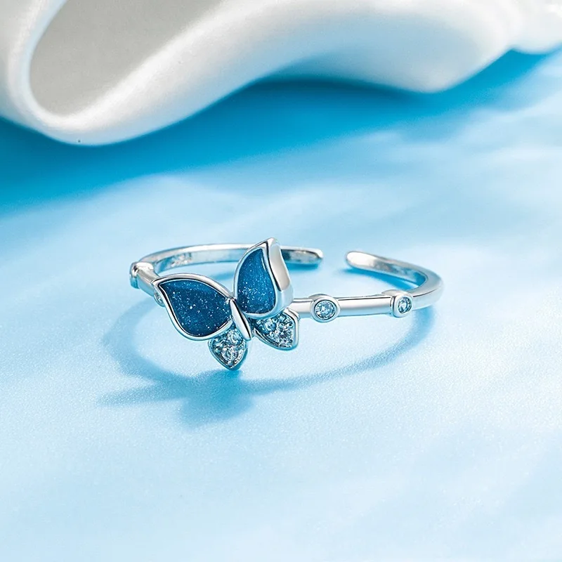

PANJBJ 925 Sterling Silve Blue Dropwise Glaze Ring for Women Girl Gift Zircon Butterfly Sweet Romantic Jewelry Dropshipping