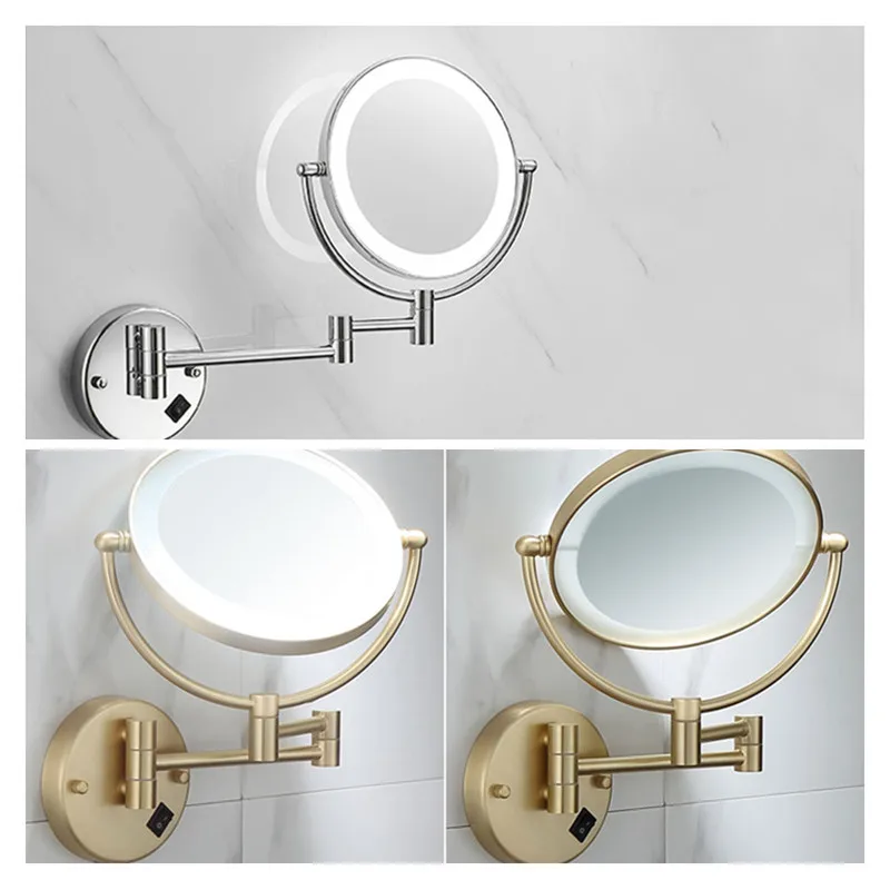 Brushed Gold LED Bathroom Mirrors Quality Brass Folding Magnifying Hotel Bathroom Makeup Mirror LED Light Bathroom Mirrors 5