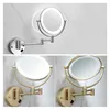 Brushed Gold LED Bathroom Mirrors Quality Brass Folding Magnifying Hotel Bathroom Makeup Mirror LED Light Bathroom Mirrors 5