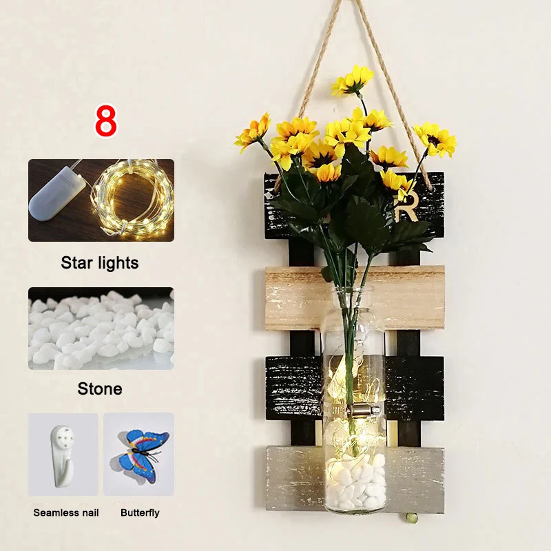 Rustic Wooden Wall Hanging Decor With LED String Lights Artificial Flowers For Modern Living Room And Bedroom
